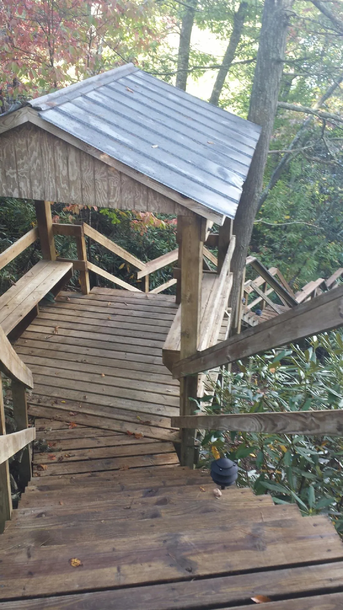 Metal roofed shelter over wooden steps on a wooded walkway — Skylight Repair & Installation work by our crew in Angier